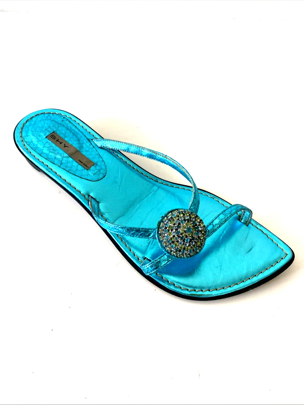 SHY Sandal Leather Slip On Slide Flip Flop Open Toe Metallic Blue Embellish 41